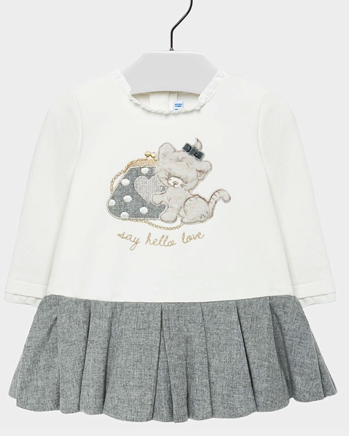 Mayoral baby girls dropped waistline pleated kitten dress 291219 Grey