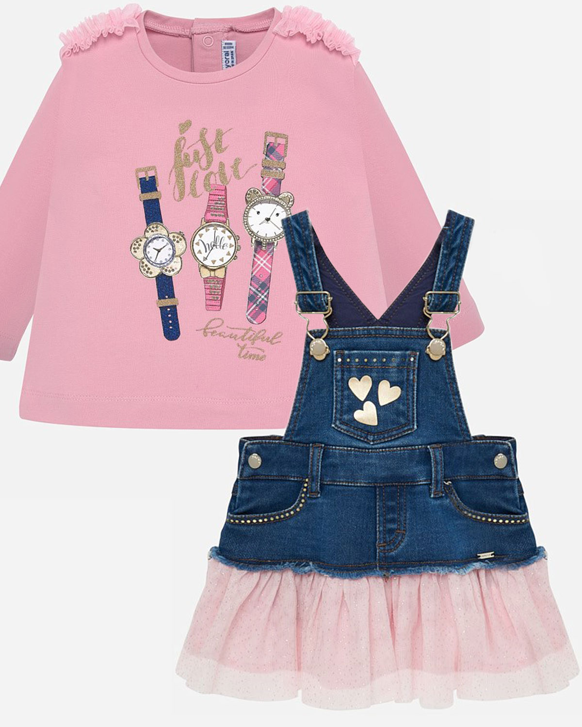 Mayoral baby girls long sleeve top & pinafore set 2013290519 Pink