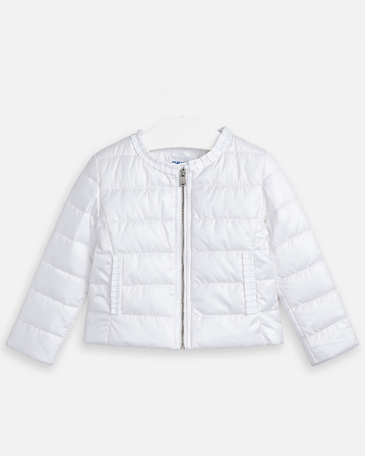 white hoodless jacket