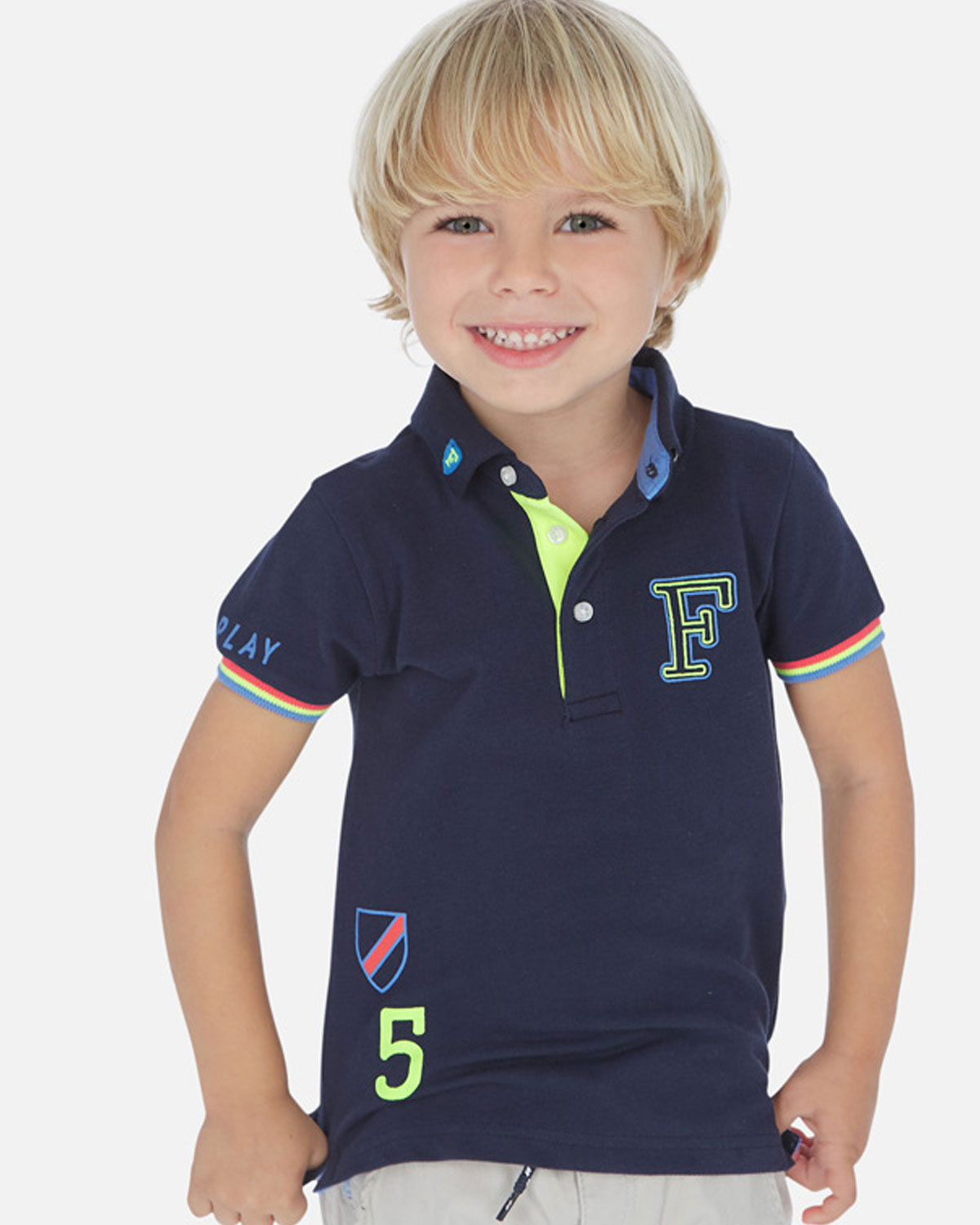 Mayoral boys short sleeve navy summer polo shirt with letter F 315420